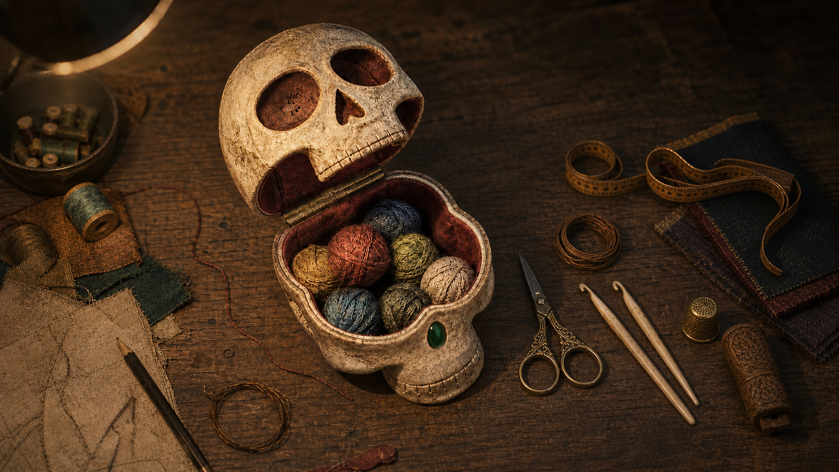Handmade skull keepsake box filled with yarn balls on a dim workshop table with scissors, hooks and craft tools