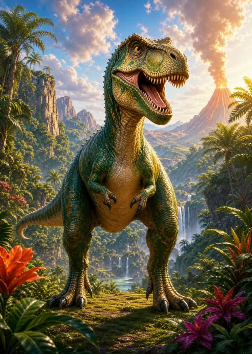 T-Rex card art in a prehistoric landscape