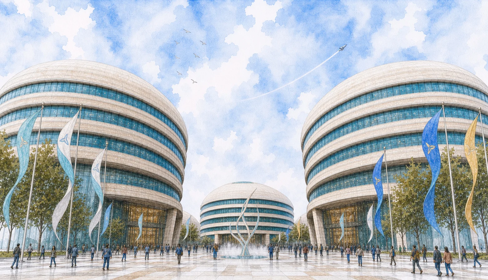 Street-level AI-assisted expansion of the Three Tears form into a civic complex