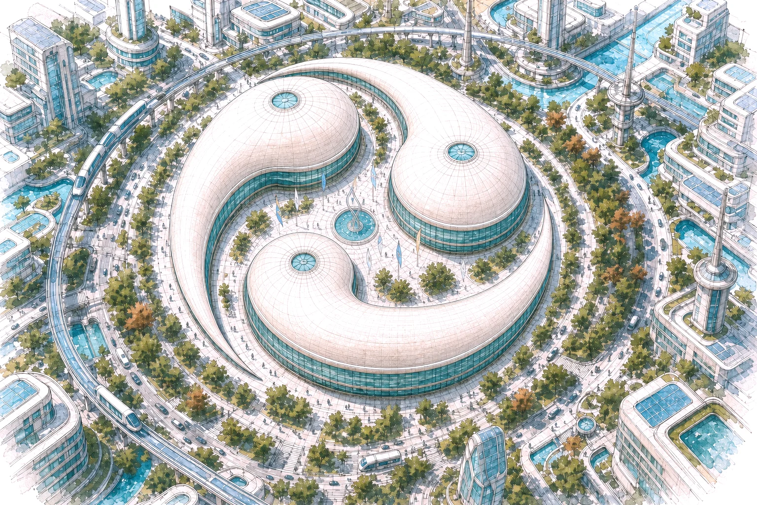 Aerial AI-assisted expansion of the Three Tears form into a city district