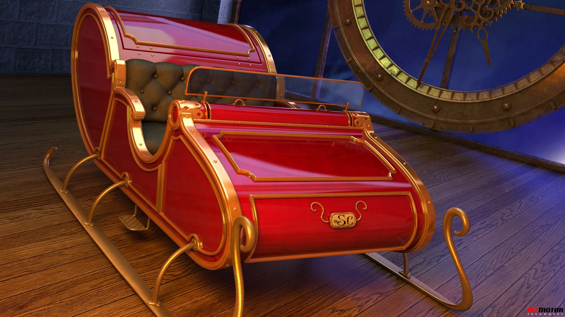 Original 3D render of Santa's red and gold carriage beside a giant clock