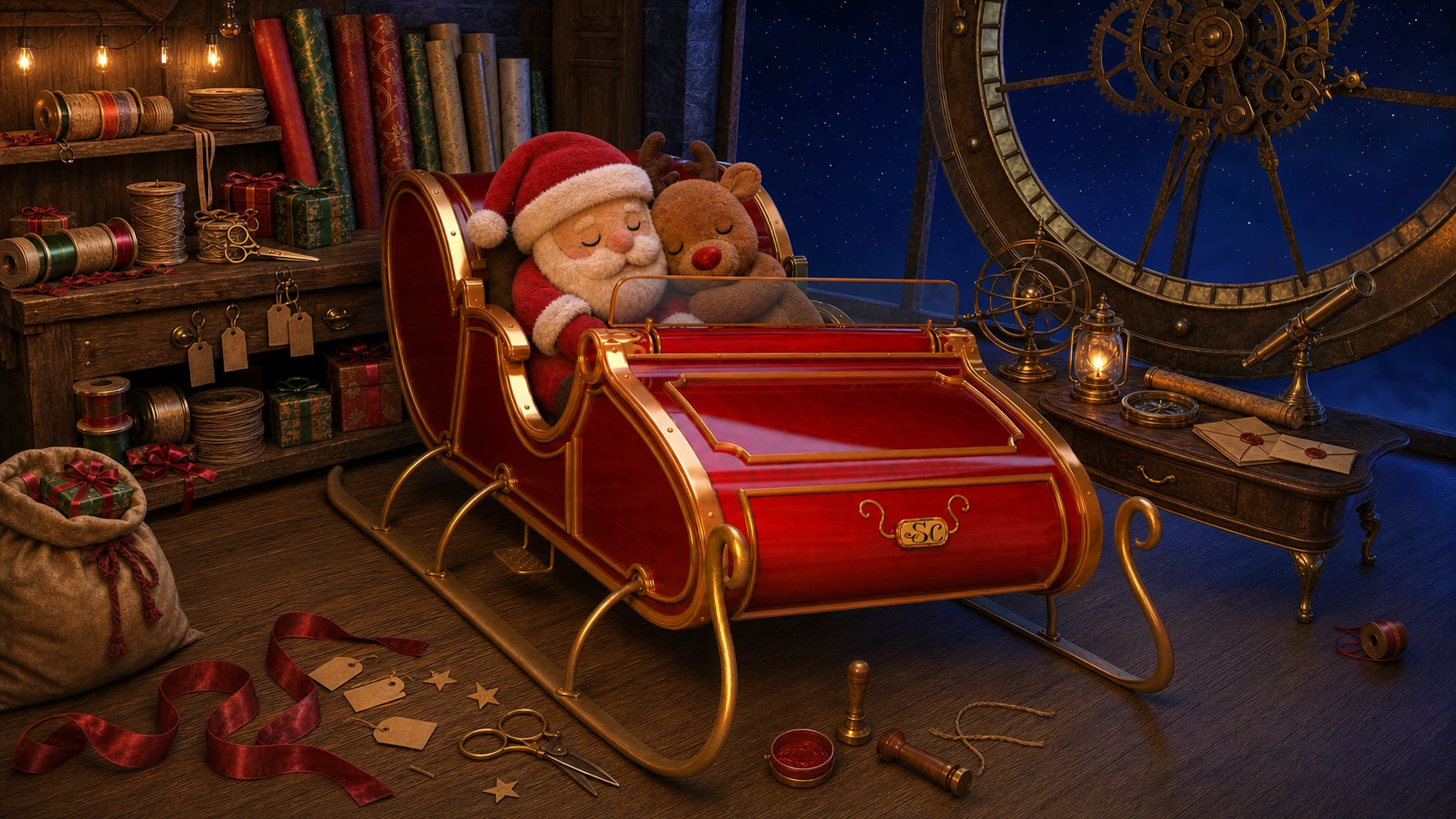 Plush Santa and reindeer asleep together in the carriage after the Christmas delivery