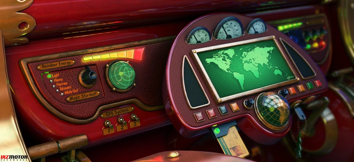 Original 3D render of Santa's red carriage navigation console