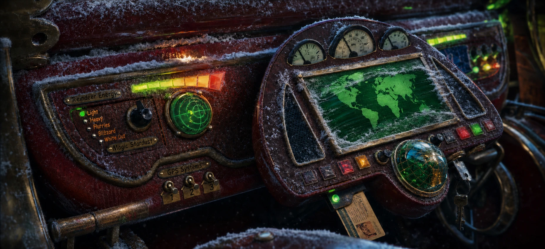 AI-assisted revisit of Santa's carriage navigation console during a frosty night delivery flight