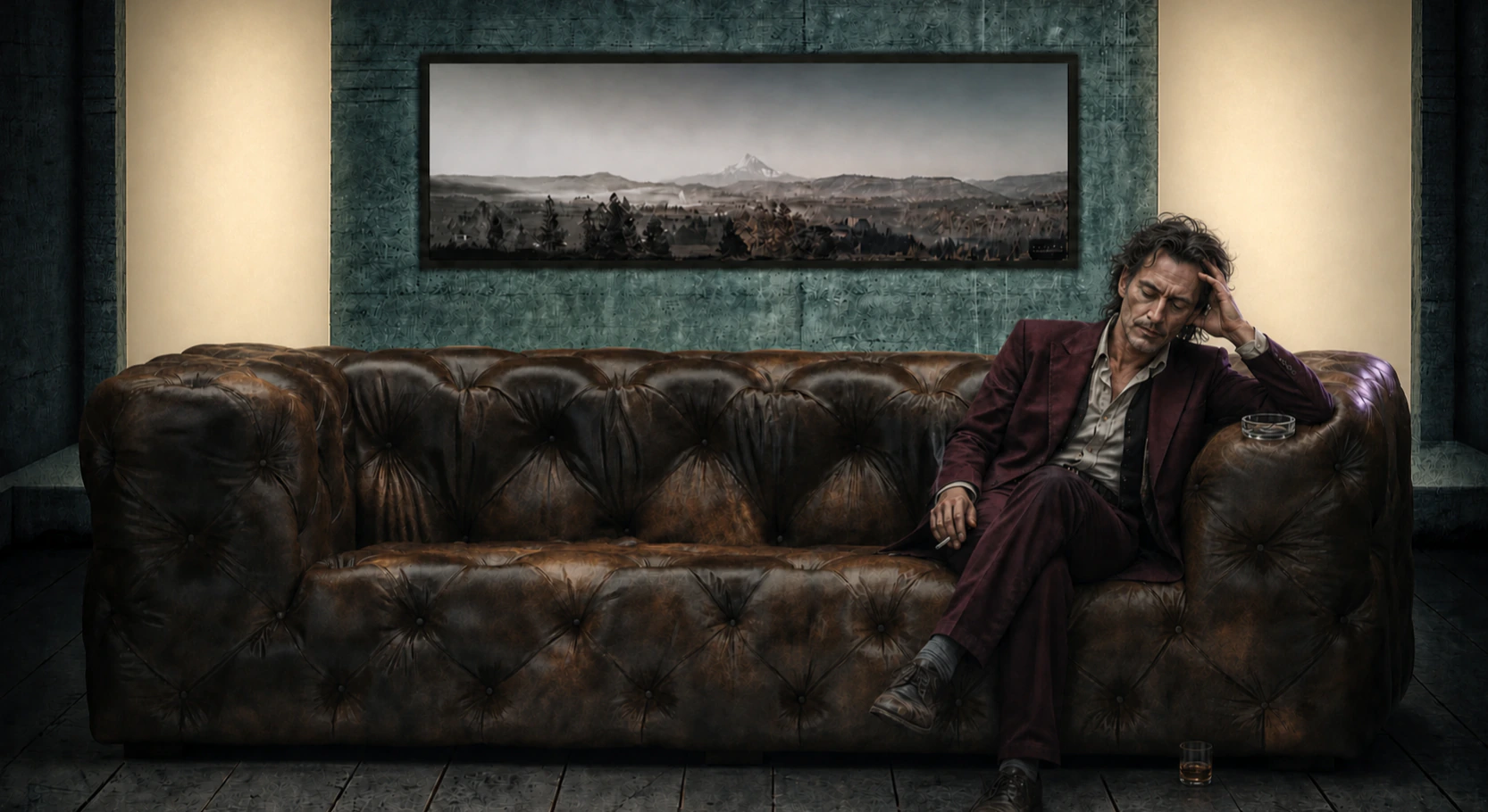 Tired Man sitting on the revisited leather sofa