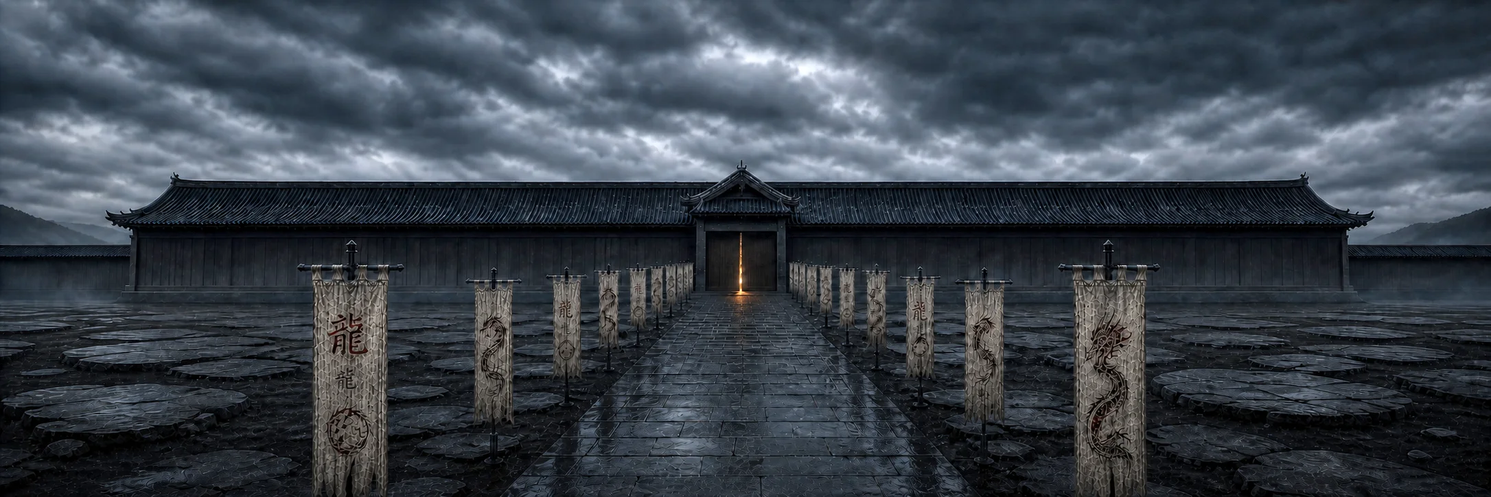 Final exterior keyframe of the long wet autumn temple approach